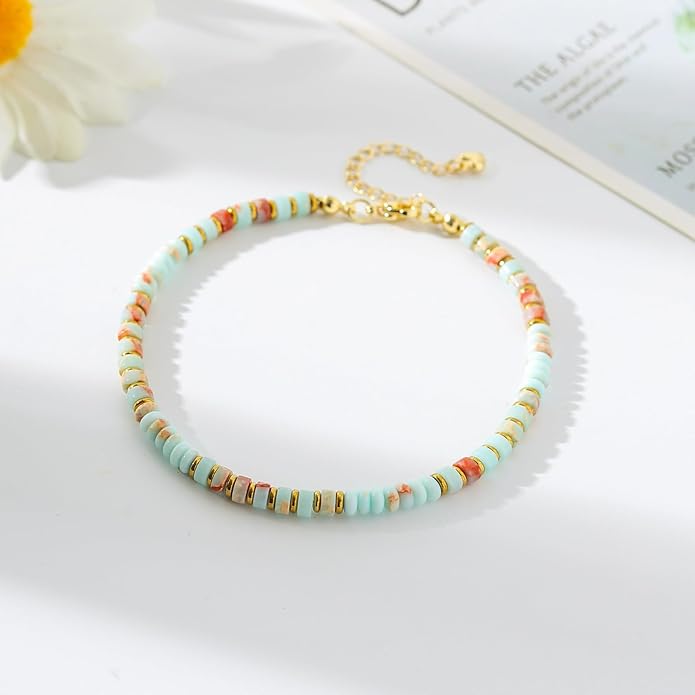 XIJIN Natural Stone Beaded Anklets for Women Handmade Beach Boho Turquoise Beads Ankle Bracelet Jewelry Gift for Her