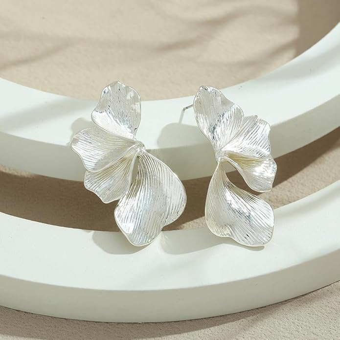 Chunky Gold Statement Earrings For Women Gold Plated Sectored Flower Leaf Shell Angel Wing Earrings Large Stud Earrings Hypoallergenic Earrings