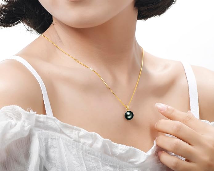 DENGGUANG 18K Gold Natural Black Pearl Pendant Necklace Pendant with Diamond 10-11mm Genuine Tahitian Cultured Round Pearls Jewelry Gifts for Women with 18" Silver Chain