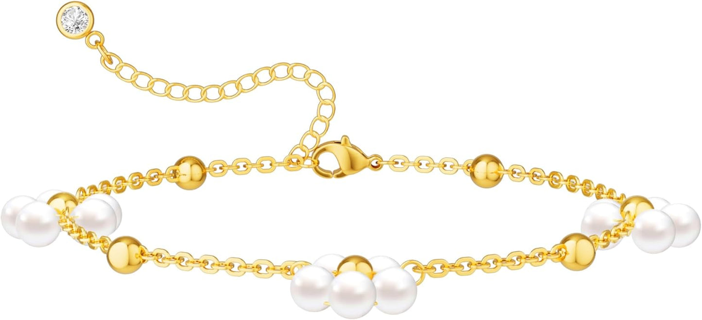 Foxgirl Gold Pearl Bracelets for Women, Freshwater Pearl Bracelet Stack 14K Gold Plated Hand Chain Dainty Flower Bracelets CZ Beaded Bracelets Stackable Trendy Jewelry Gifts for Her