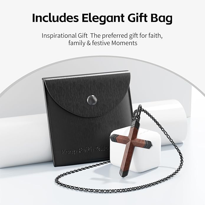 OOTDSE Wooden Cross Necklace for Men and Women 304L Stainless Steel Durable Snag-Free Box Chain with Reinforced Clasp Christian Gift for Dad/Son/Husband/Loves/Friends on Easter/Birthday/Father's Day