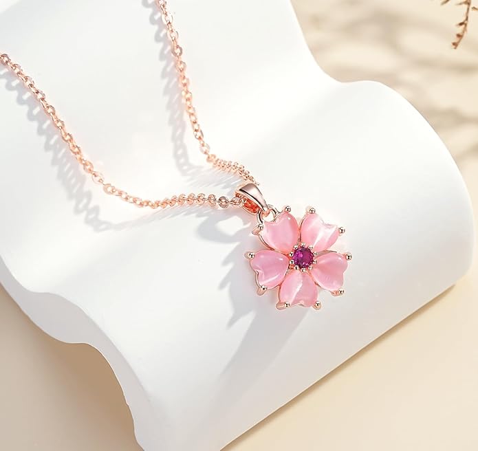 VONSSY Elegant Cherry Blossom Necklace Earrings Pink Cats Eye Flower Flora Sakura Gemstone Crystal Pendant 18k Gold Plated Chain Jewelry Set Gift for Woman Wife Girlfriend