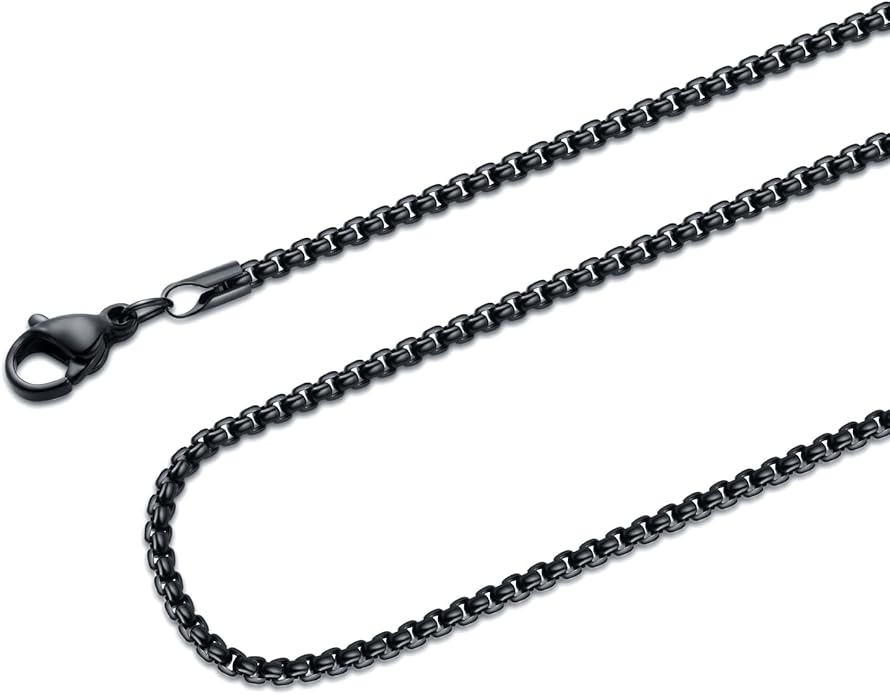 Fiusem Box Chain for Men, Silver Tone/14K Gold Plated/Black Stainless Steel Necklace for Men and Women, Width 2/2.5/3/4/5mm, Length 18-28 Inches