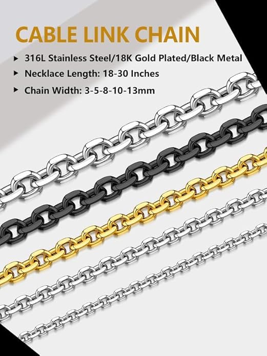 Hoyazvet Cable Chain Stainless Steel Necklace for Men Women, 3/5/8/10/13MM Width, 18K Gold Plated/Black Metal/316L Stainless Steel Sturdy Rolo Link Chain Necklace, 18-30inch Length