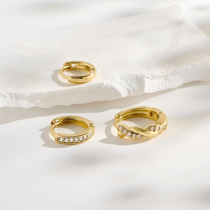3Pairs Small Gold Huggie Hoop Earrings for Women,Romantic heart,Twisted braid two colors,3 CZ Hoop,5 Round Zircon Sport Hoops Earrings Set,14K Gold Filled Silver Hypoallergenic Earring Excellent gift