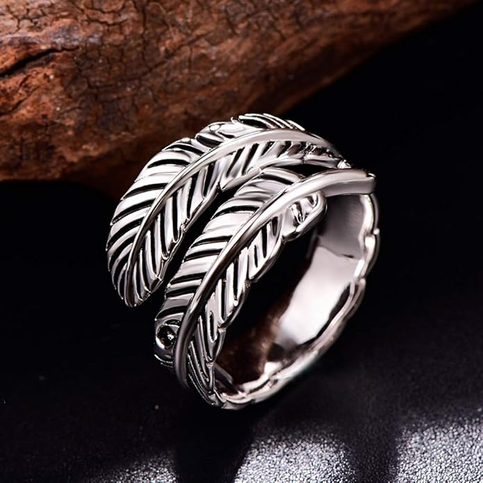 Sterling Silver Feather Ring with Black Onyx & Turquoise - Adjustable Stacking Vintage Statement Ring for Women & Men