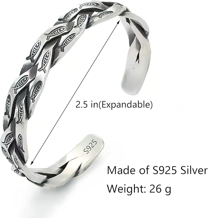 Kim Carrey S925 Sterling Silver Bracelet, Open Bangle Cuff Design, Men's Stacked Bracelets Gift Jewelry for My Man
