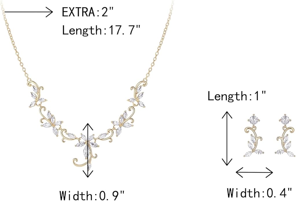 Crysdue Flower Leaf Wedding Jewelry Set for Bridal Bridemaid, Cubic Zirconia Teardrop Elegant Silver/14K/Rose Gold Plated Vine Necklace Dangle Earrings for Prom Party