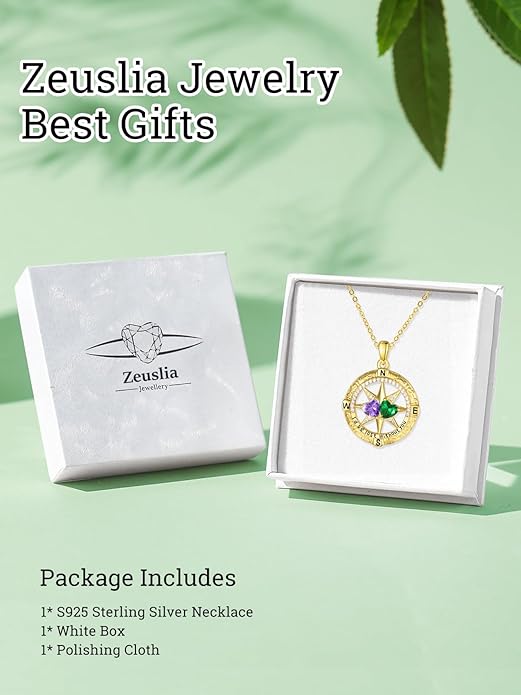 Zeuslia Double Birthstone Necklace Gifts for Wife - 925 Sterling Silver Sunflower/Rose/Crown Cross/Compass/Heart Pendant I Love You Necklace, Anniversary Birthday Gifts for Wife Girlfriend Mom Her