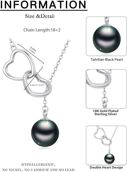 Tahitian Black Pearl AAAA 18K White Gold Plated Sterling Silver Double Heart Pendant Y Necklace for Women Wife Mom Girlfriend Valentine Her Jewelry Gift for Anniversary Birthday