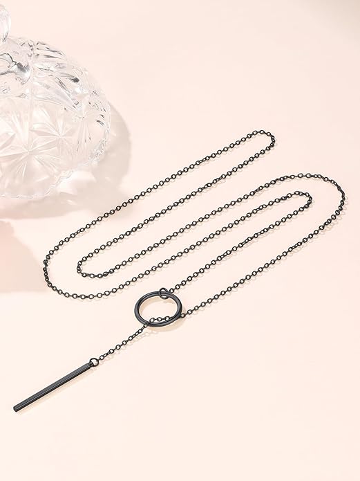 FOCALOOK Long Necklaces for Women 14K Gold Plated Dainty Drop Bar Pendant Lariat Y-Shaped Necklace Earring Set 28inch/73cm