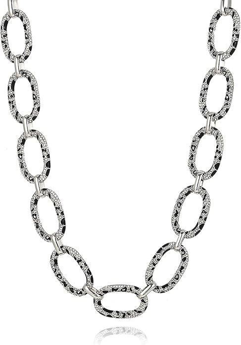 Chunky Chain Necklace Geometric Links Collar Necklace, Animal Prints Black and White Enamelled with Rhinestone Embellished Details Women Gifts