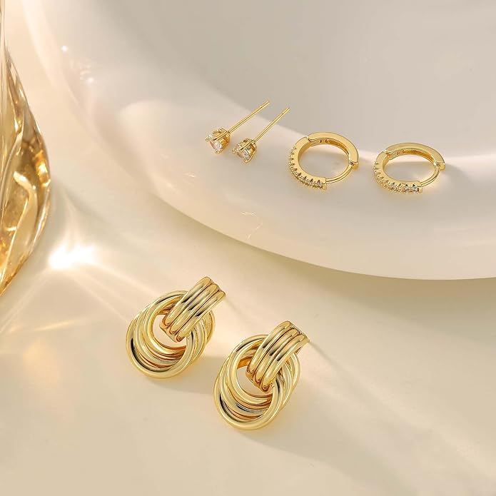 3Pairs Gold Hoop Earrings Set for Women Trendy Chunky Huggie Dainty Earring Jewelry for Women Teens