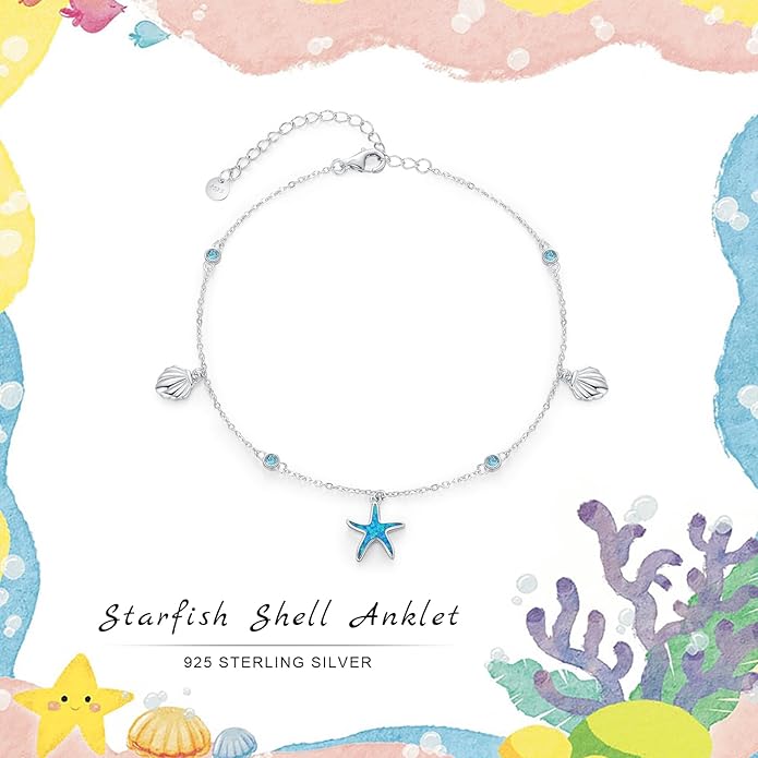 Sea Turtle/Starfish Anklet for Women 925 Sterling Silver Beach Anklet Bracelet Summer Jewelry Ocean Gifts for Beach Lovers Friends