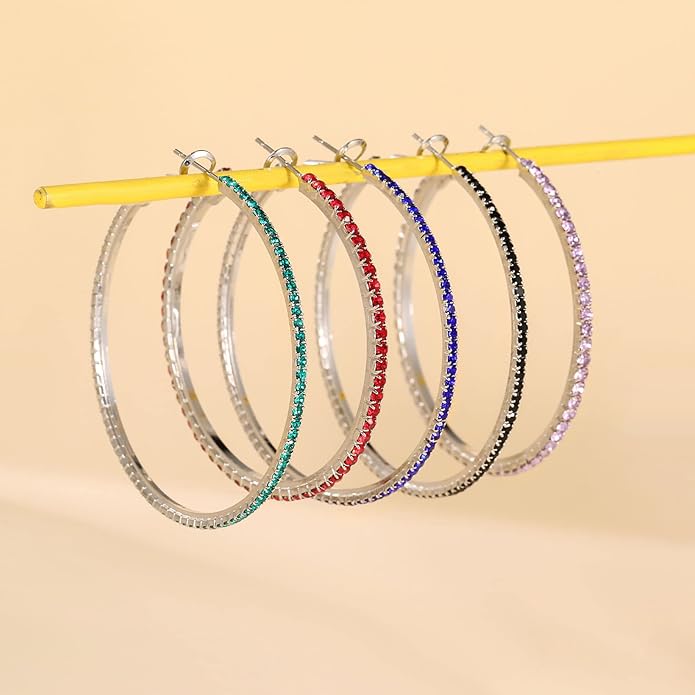 925 Sterling Silver Earrings Large Rhinestone Hoop Earrings Big Cubic Zirconia Hoop Earrings Thin Rhinestones Round Hoop Earrings for Women 20/30/40/50/60/70mm Sparkly Hoops With Crystals for Womens