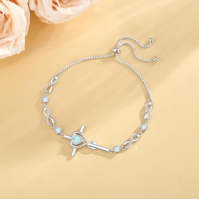 FANCIME Gift for Women Cross Bracelet 925 Sterling Silver Heart Birthstone Bracelet Fine Jewelry Birthday Gifts for Her Women