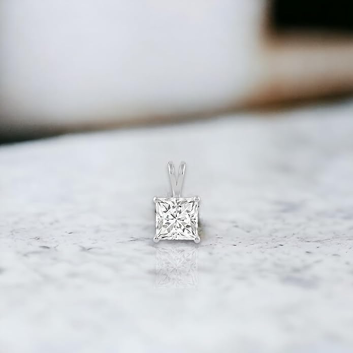 Everyday Elegance Solid 14K Gold Cubic Zirconia Solitaire Pendant Necklace for Women Heart, Princess, Round, Oval, Emerald, Pear & Cushion Cut 1 or 2 CTW | .60mm Thick 16" 18" Length Box Link Chain