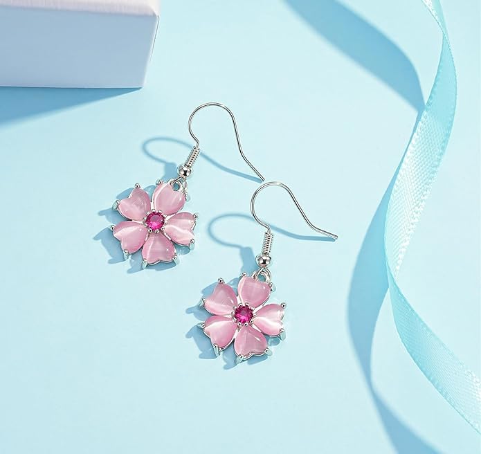 VONSSY Elegant Cherry Blossom Necklace Earrings Pink Cats Eye Flower Flora Sakura Gemstone Crystal Pendant 18k Gold Plated Chain Jewelry Set Gift for Woman Wife Girlfriend