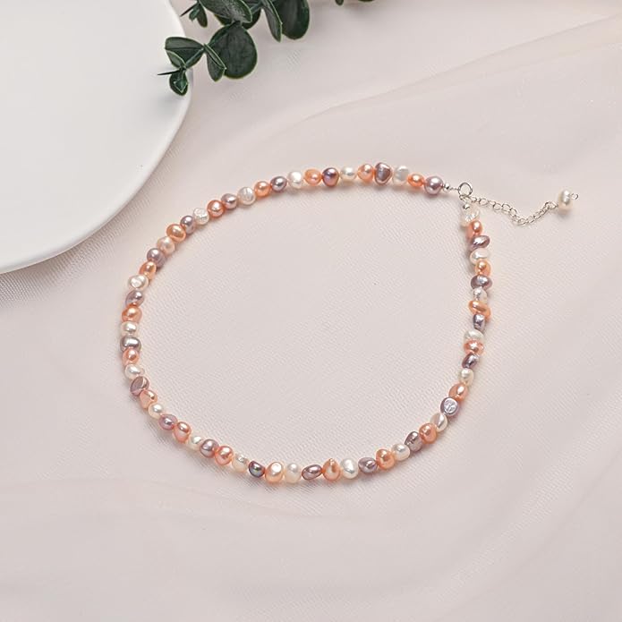 Natural Pearls Choker Necklace for Women Freshwater Baroque Pearl Strand Necklace Chain Cultured Baroque Pearl 18K Gold Plated & S925 Sterling Silver Clasp Choker