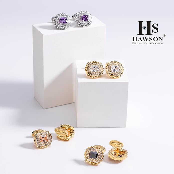 HAWSON Cufflinks for Men, Gold Diamond Crystal Cufflinks for Groom Husband Personalized Gifts, Mens Formal Wedding Business Cufflinks, Luxurious Gorgeous Cuff Links French Shirt Accessories