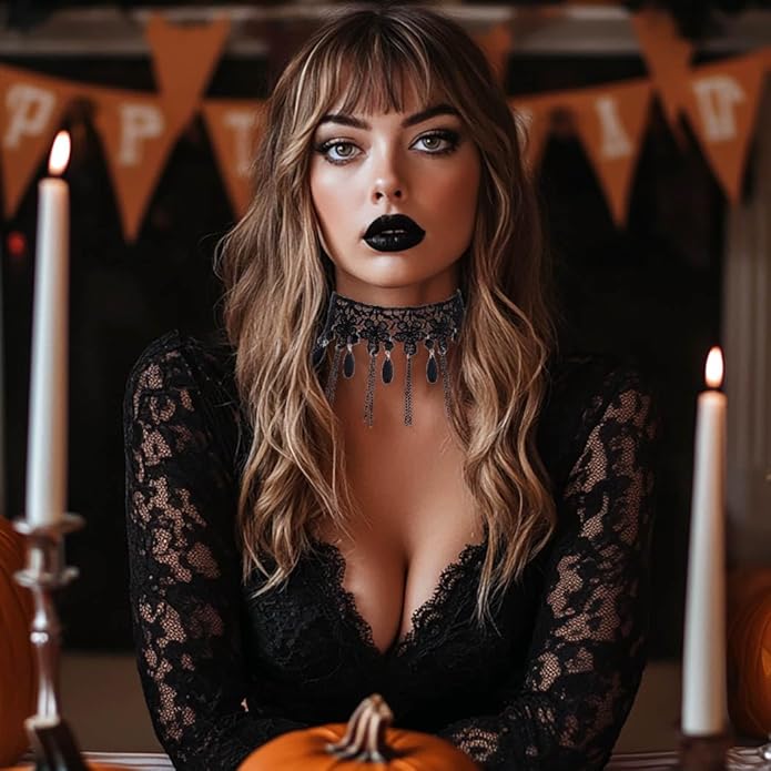 Gothic Black Choker Necklace Lace Collar Necklace Black Crystal Pendant Necklace Halloween Necklaces for Women