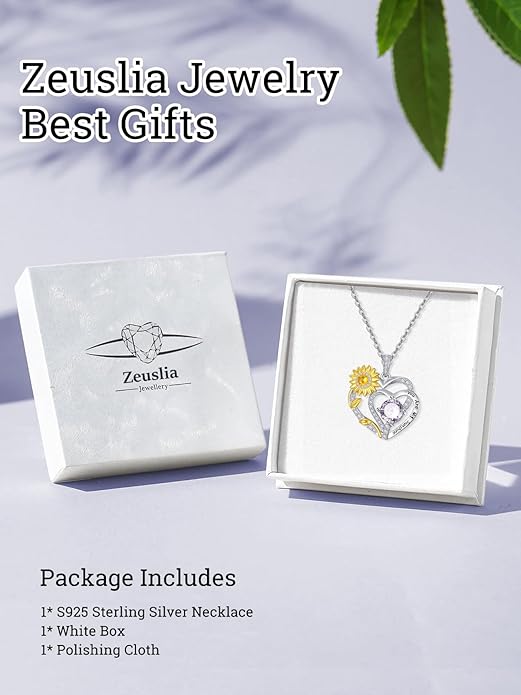 Zeuslia Double Birthstone Necklace Gifts for Wife - 925 Sterling Silver Sunflower/Rose/Crown Cross/Compass/Heart Pendant I Love You Necklace, Anniversary Birthday Gifts for Wife Girlfriend Mom Her