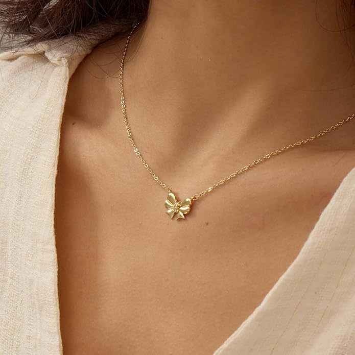Gold Necklace for Women Dainty Bow Necklace 14K Gold Plated Cute Choker Necklace Small Bow Pendant Charm Necklaces Teen Gift Trendy Stuff Personalized Jewelry Gifts