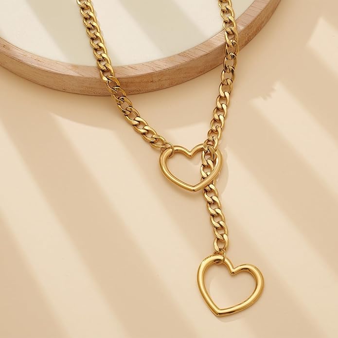 Heart Y-Necklace for Women Stainless Steel Heart Slip Chain Necklaces Adjustable Punk Gothic Cuban Collar Choker Fashionable Holiday Birthday Jewelry Gifts
