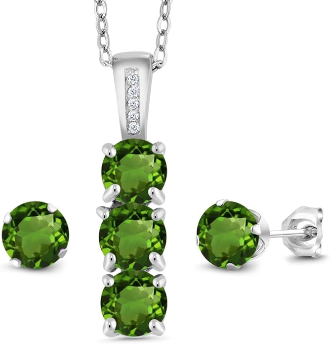 Gem Stone King 925 Sterling Silver 5MM Gemstone Birthstone and White Diamond 3-Stone Pendant and Earrings Jewelry Set For Women | With 18 Inch Chain