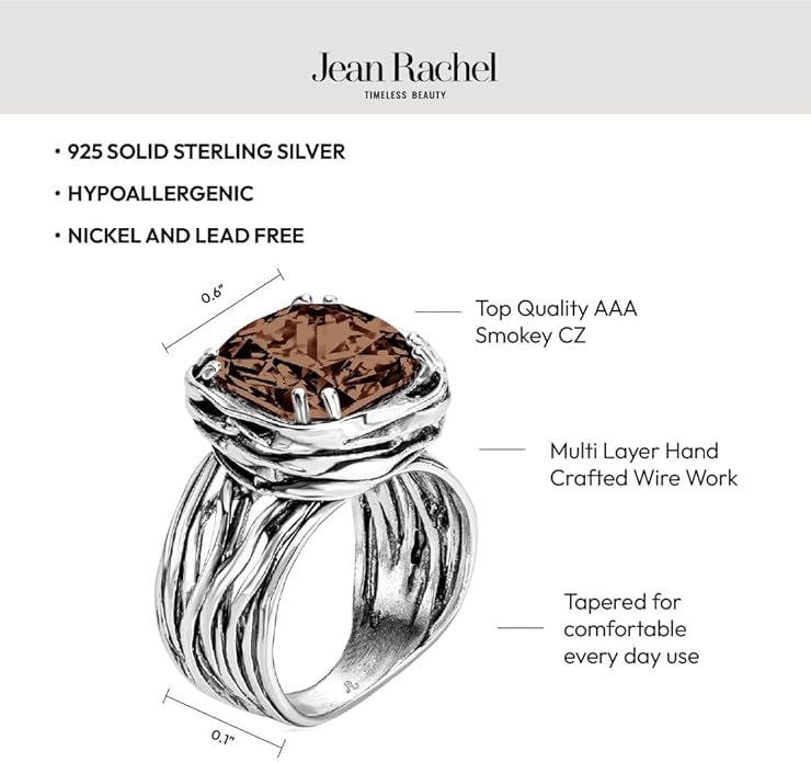 JEAN RACHEL JEWELRY 925 Sterling Silver Ring - Wrap Vintage Design with Cushion Shaped Cubic Zirconia - Hypoallergenic, Lead & Nickel Free - Artisan Handcrafted Statement Rings for Women