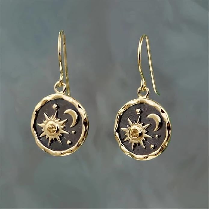 MALOYANVE Vintage Sun and Moon Drop Dangle Earrings for Women Unique lightweight Handmade Retro Boho Antiqued Gold Silver Round Coin Earrings for Women Jewelry