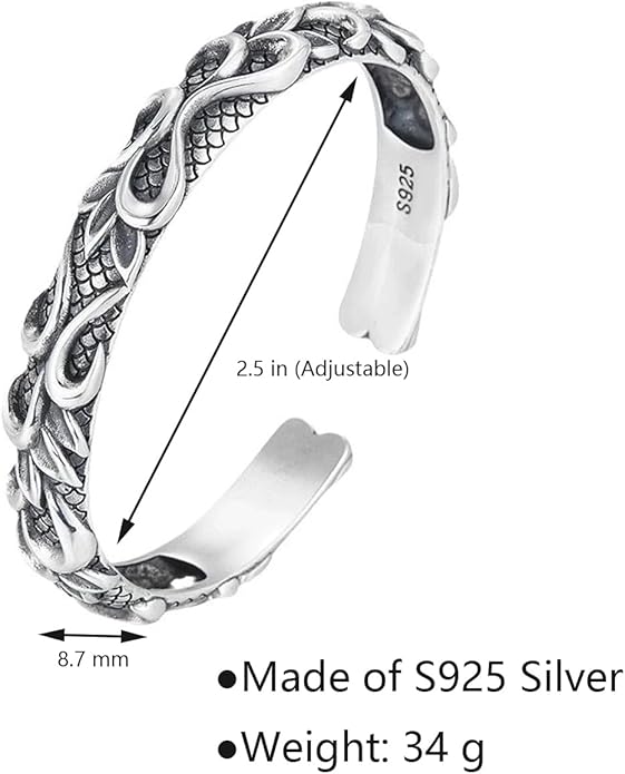 Kim Carrey S925 Sterling Silver Bracelet, Open Bangle Cuff Design, Men's Stacked Bracelets Gift Jewelry for My Man