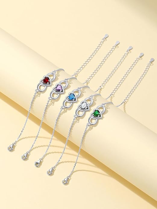 Custom4U Personalized Infinity Love Symbol Link Bracelets for Women 925 Sterling Silver Birthstone Bracelet Adjustable Engraved Chain Christmas Mother's Day Birthday Jewelry Gifts for Mom Her
