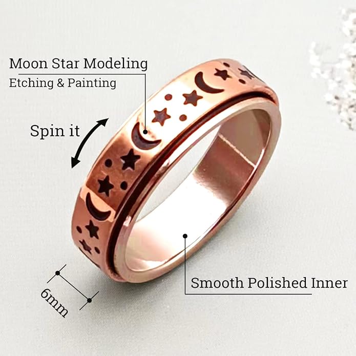 AmorArtSky Anxiety Ring for Women Men, Titanium Stainless Steel Spinner Ring, 5 Colors, 6MM, Size 6-10, 3 Styles Anxiety Ring-Moon Star, Sandblasted Finished, Hollow Outer