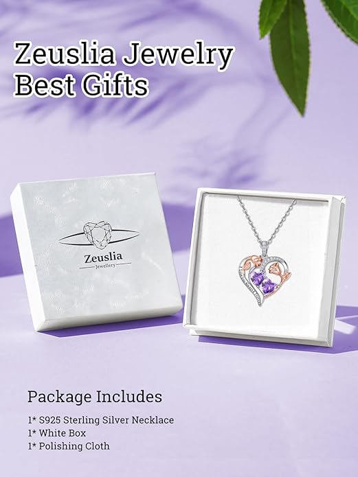 Zeuslia Double Birthstone Necklace Gifts for Wife - 925 Sterling Silver Sunflower/Rose/Crown Cross/Compass/Heart Pendant I Love You Necklace, Anniversary Birthday Gifts for Wife Girlfriend Mom Her