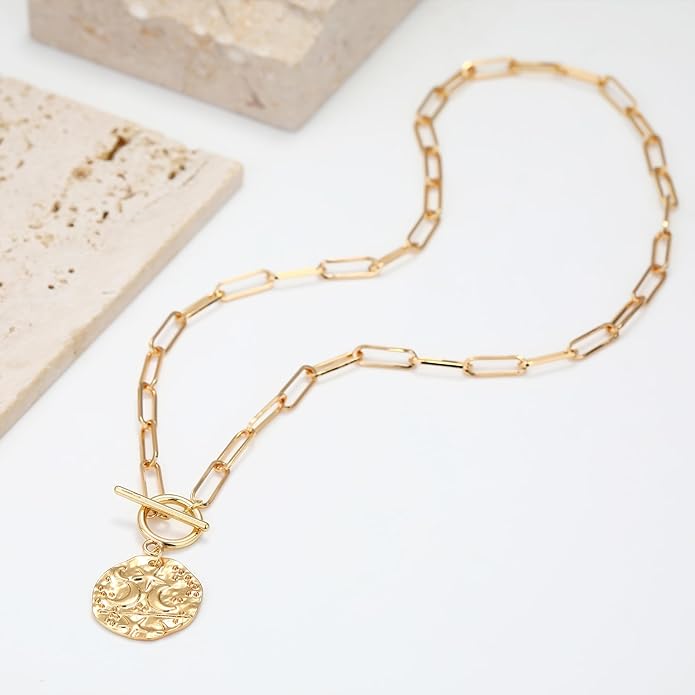 Chunky Gold Necklace for Women, 18K Waterproof Heart Necklace Statement Necklace Gold Charm Necklace Chunky Jewelry Paperclip Chain Choker Gift for Women