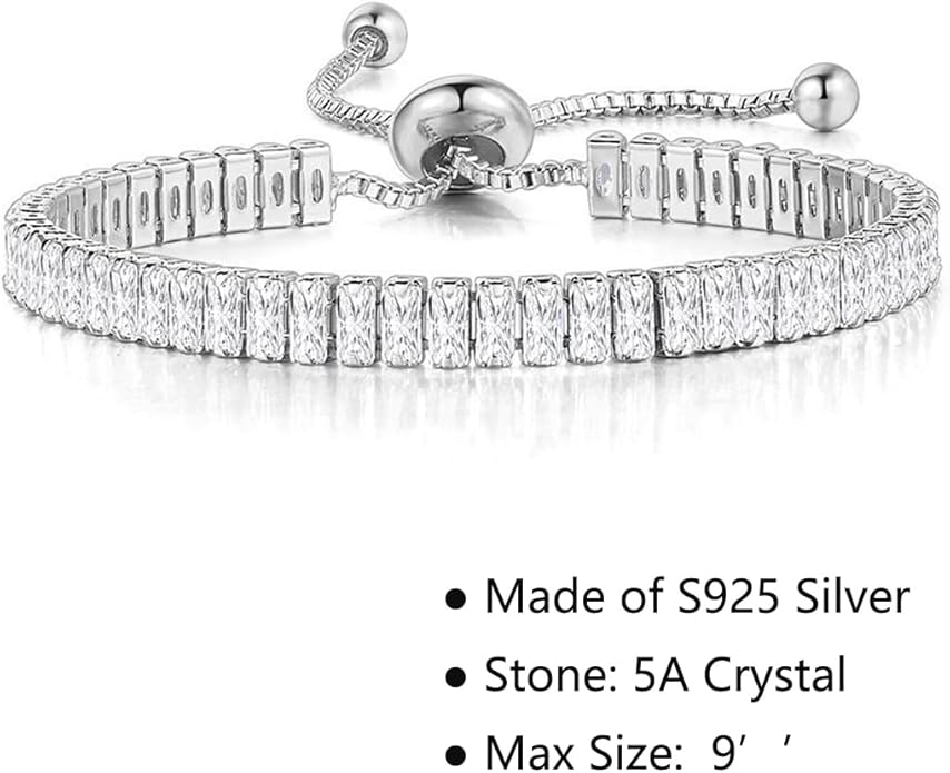 Italian Sterling Silver Women's Tennis Bracelets | Ladies' Sterling Silver Rope Adjustable Bracelet with Crystals | Gift for She