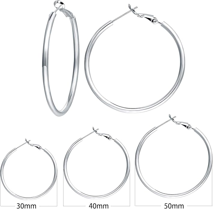 3 Pairs Sterling Silver Hoop Earrings, 14K White Gold Plated Big Hoop Earrings Set for Women 40 50 60MM