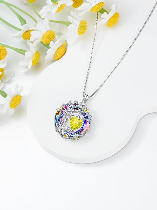 TOUPOP Christmas Gifts Tree of Life Birthstone Necklace 925 Sterling Silver Pendant Austrian Crystal Jewelry Anniversary Birthday Gifts for Women Mom Her Wife
