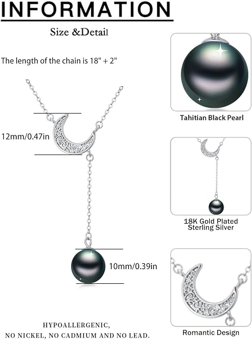 Tahitian Black Pearl AAAA 18K White Gold Plated Sterling Silver Moon Pendant Y Necklace for Women Wife Mom Girlfriend Her Jewelry Gift for Anniversary Birthday