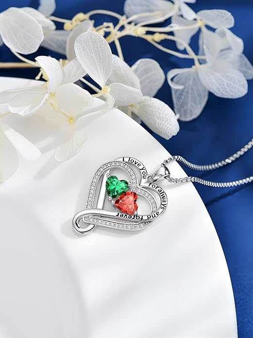 I Love You for Awlays and Forever Double Heart Necklace with Birthstone, 2 Birth Stone Jewelry Anniversary Valentines Mothers Day Christmas Birthday Gifts for Women Her Wife Girlfriend Mom Mother