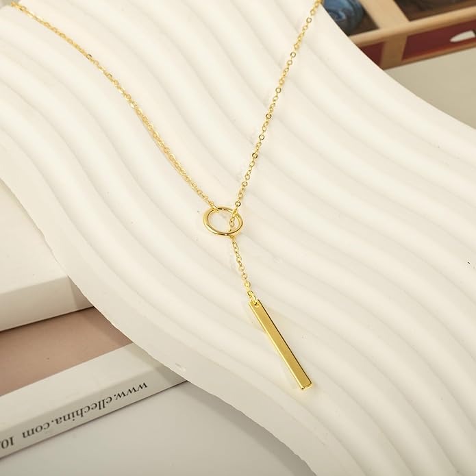 Lariat Necklace for Women, Dainty 14K Gold/Silver Plated Long Necklaces for Women Trendy Simple Layered Y-Shaped Drop Pendant Necklace Adjustable Gold Jewelry Gifts For Her Christmas Stocking Stuffer