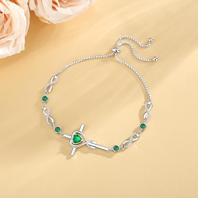 FANCIME Gift for Women Cross Bracelet 925 Sterling Silver Heart Birthstone Bracelet Fine Jewelry Birthday Gifts for Her Women