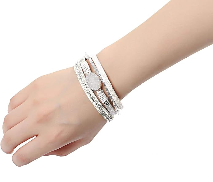 Fesciory Leopard Bracelet for Women, Boho Leather Wrap Multi-Layer Pearl Crystal Bracelet Bangle Jewelry