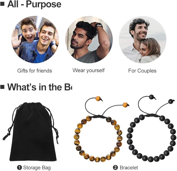 M MOOHAM Natural Stone Bracelets for Men - 8mm Tiger Eye, Matte Agate, Lava Rock - Teen Boys Gifts for Birthday, Anniversary, Christmas