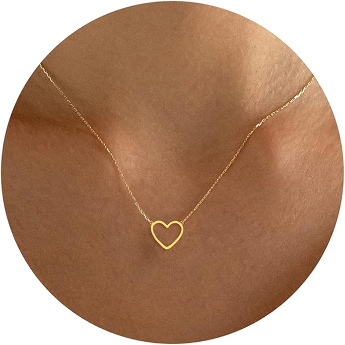 Tewiky Cute Heart Necklace Tiny 14k Gold Heart Pendant Choker Necklaces Small Gold Love Open Heart Chain Necklace for Women Dainty Gold Necklace Gifts for Her