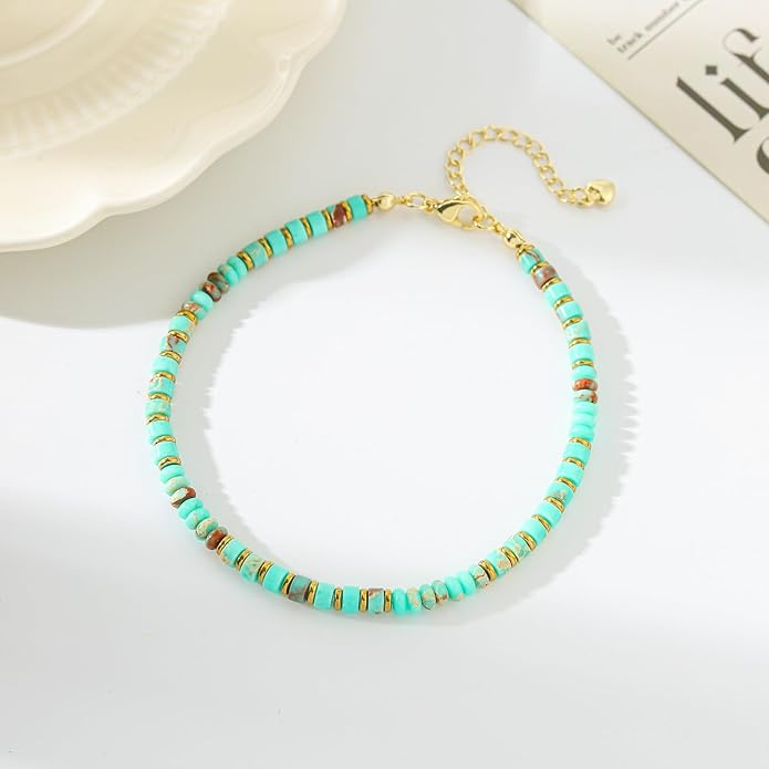 XIJIN Natural Stone Beaded Anklets for Women Handmade Beach Boho Turquoise Beads Ankle Bracelet Jewelry Gift for Her