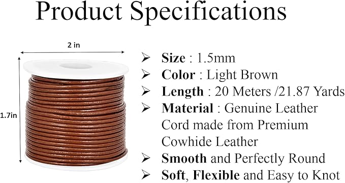 GENIQUE Real/Genuine Round Leather String Cord for Necklace, Bracelets, Jewelry, Kumihimo Braiding, DIY Projects (20 Metres) (1.5mm, Light Brown)