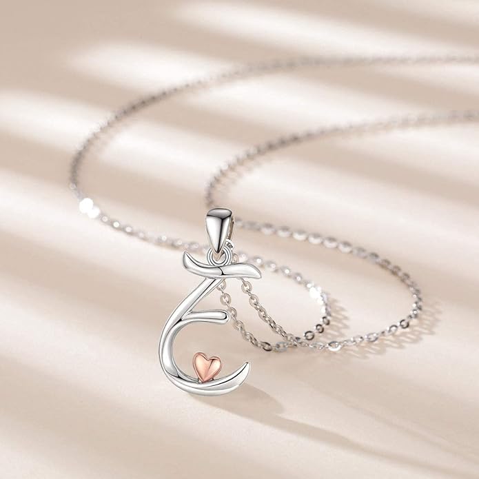 CELESTIA 925 Sterling Silver Initial Necklaces 26 Letter with Rose Gold Heart - 18 Inch Chain