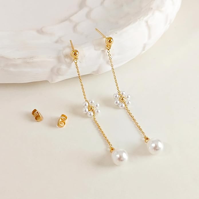 Zeffy Pearl Earrings for Women 14k Gold/Silver Pearl Drop Earrings Long White Pearl Tassel Dangle Statement Earrings Bridal Wedding Dainty Prom Earrings Birthday Gifts Jewelry